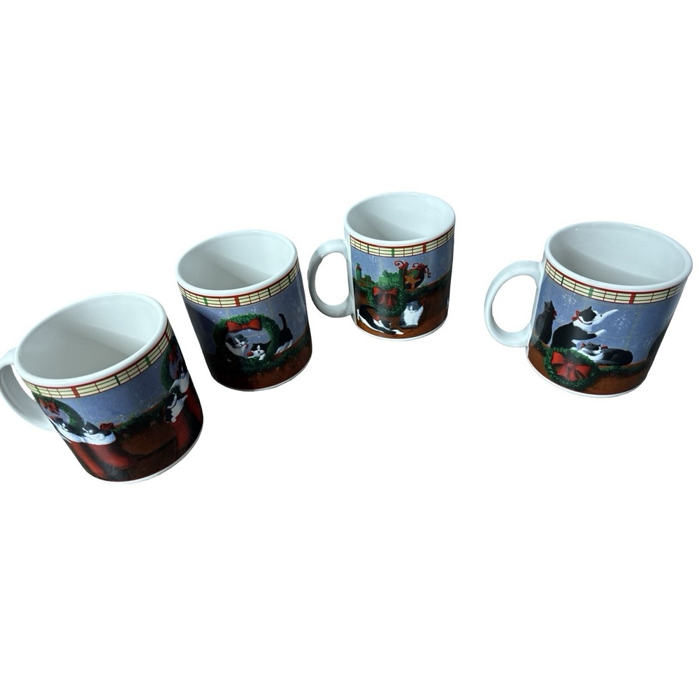 Sakura Cat Friends Christmas Mugs Set of 4 Stoneware Tuxedo cat‎ black white